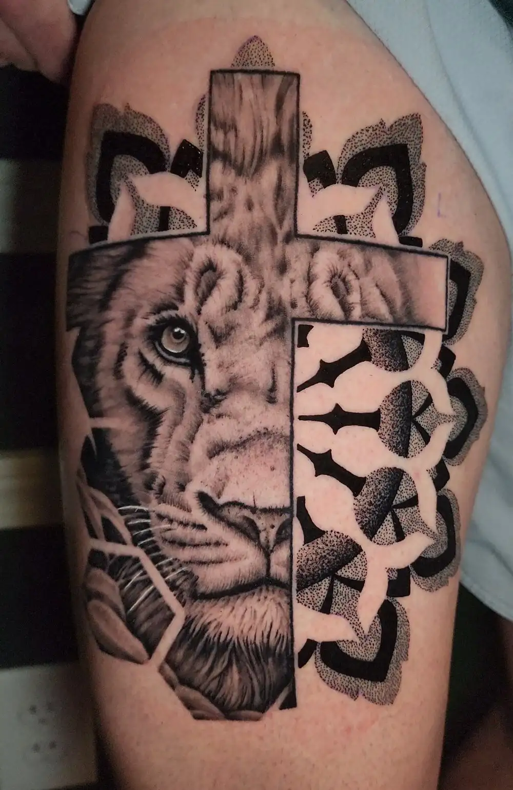 Lion Cross Fusion Tattoo